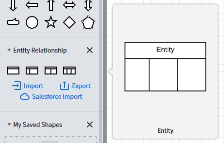 LucidChart user interface for adding an entity with columns for key, attribute, and data type to our diagram.