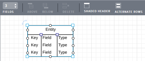 LucidChart user interface for modifying the number of attributes (fields) of an entity.