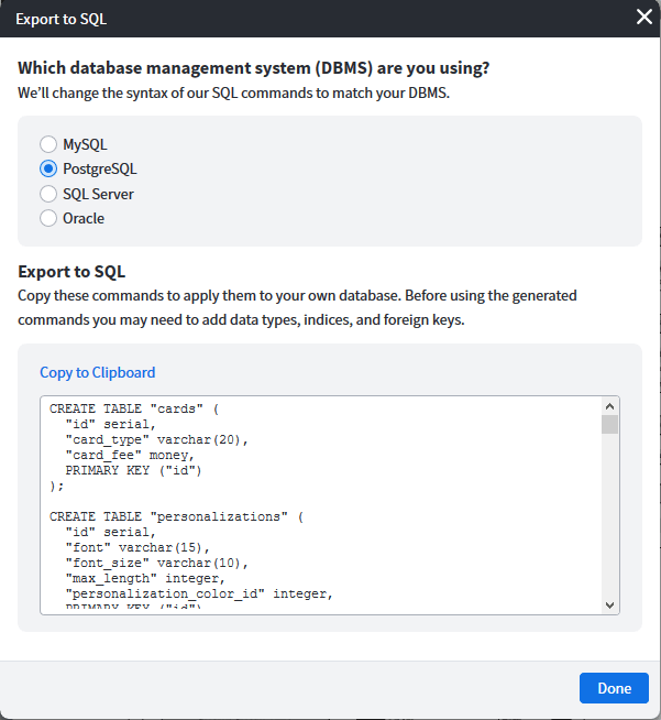 Export to SQL window with PostgreSQL syntax selected