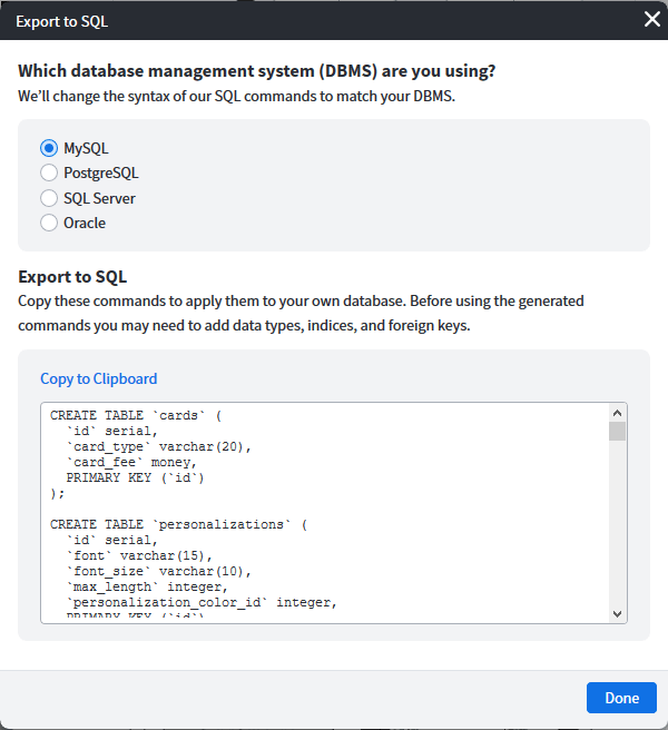 Export to SQL window